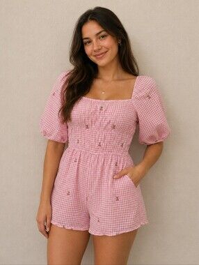 Cloud 10 Pink Gingham Romper With Pockets And Cherry Accents